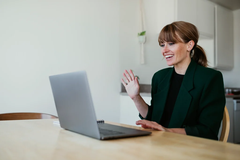 businesswoman having video conference with colleagues coronavirus quarantine